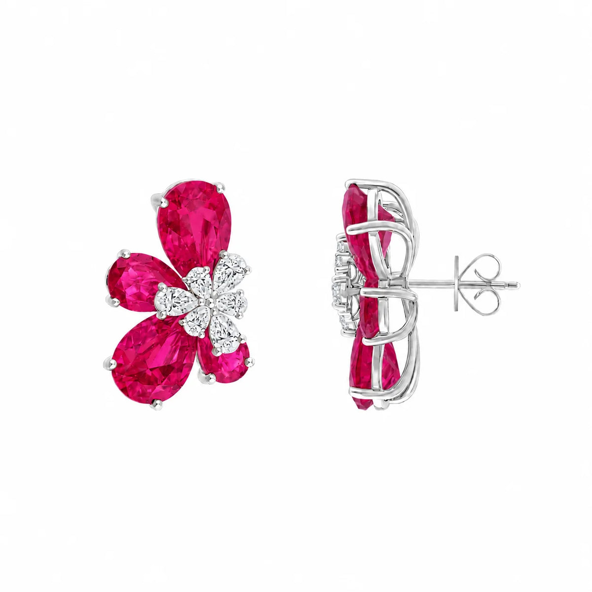 Pear Cut Floral Red Stone Stud Earrings