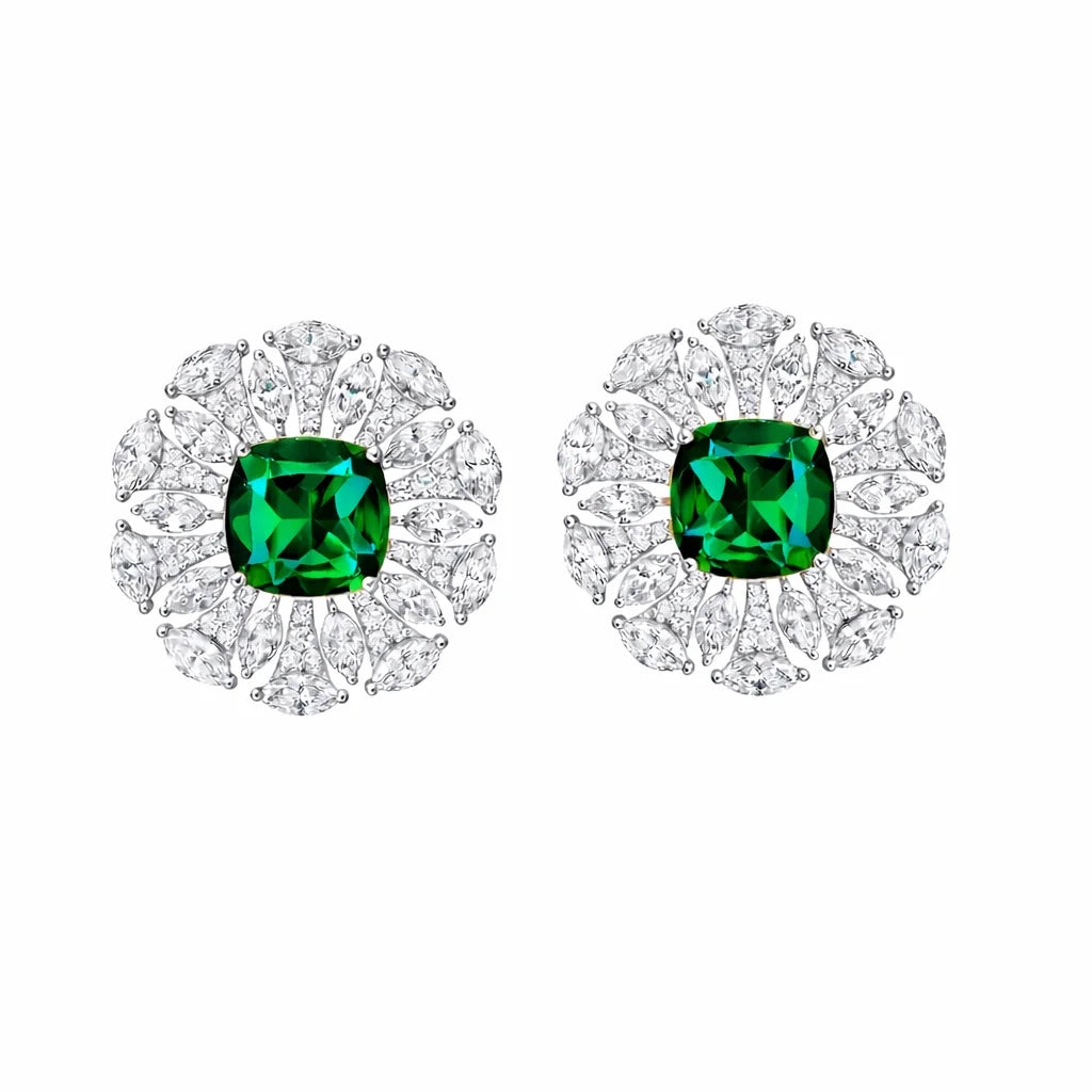 Semi-Precious Cushion Cut Emerald Floral Burst Stud Earrings