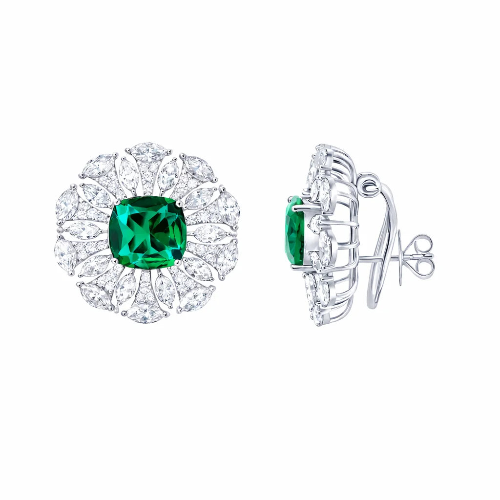 Semi-Precious Cushion Cut Emerald Floral Burst Stud Earrings
