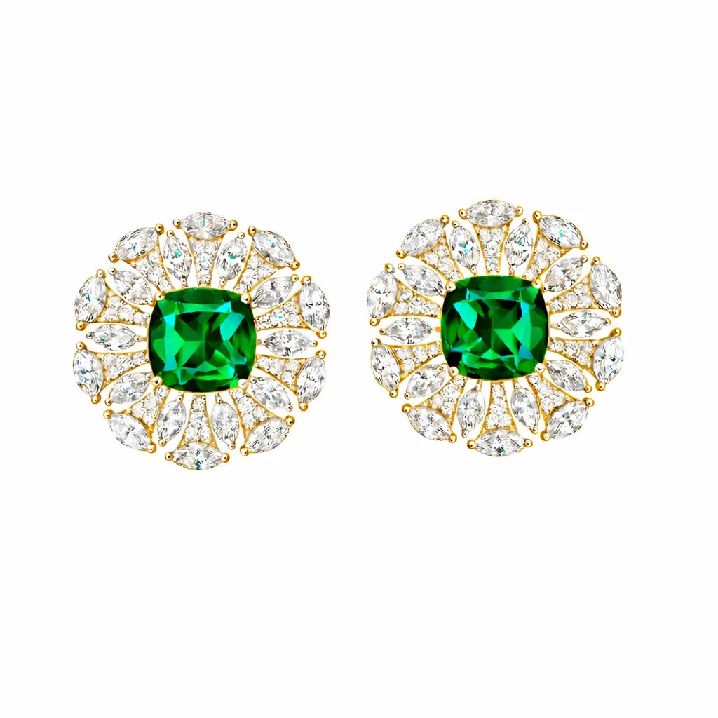Semi-Precious Cushion Cut Emerald Floral Burst Stud Earrings