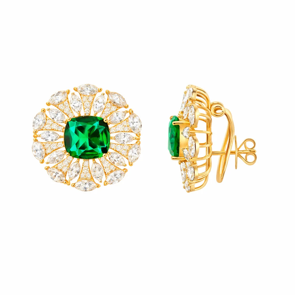 Semi-Precious Cushion Cut Emerald Floral Burst Stud Earrings
