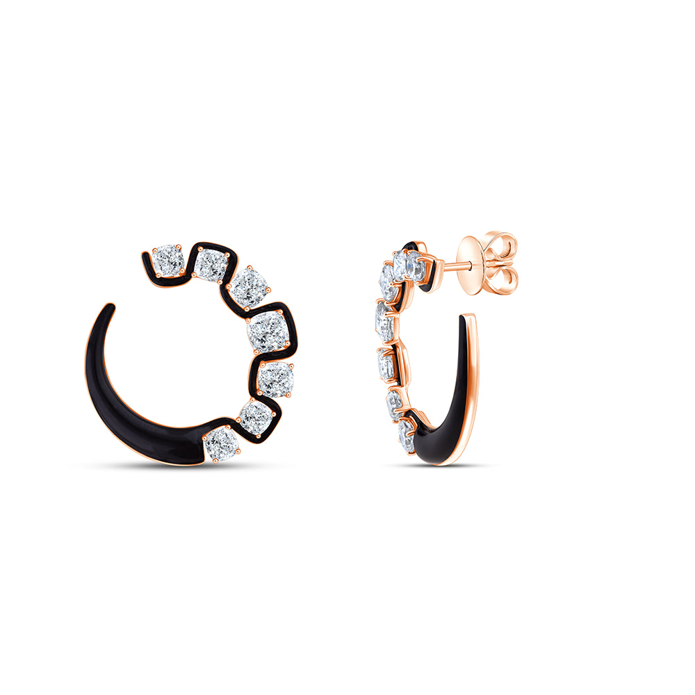 Cushion Cut Black Enamel Open Circle Stud Earrings