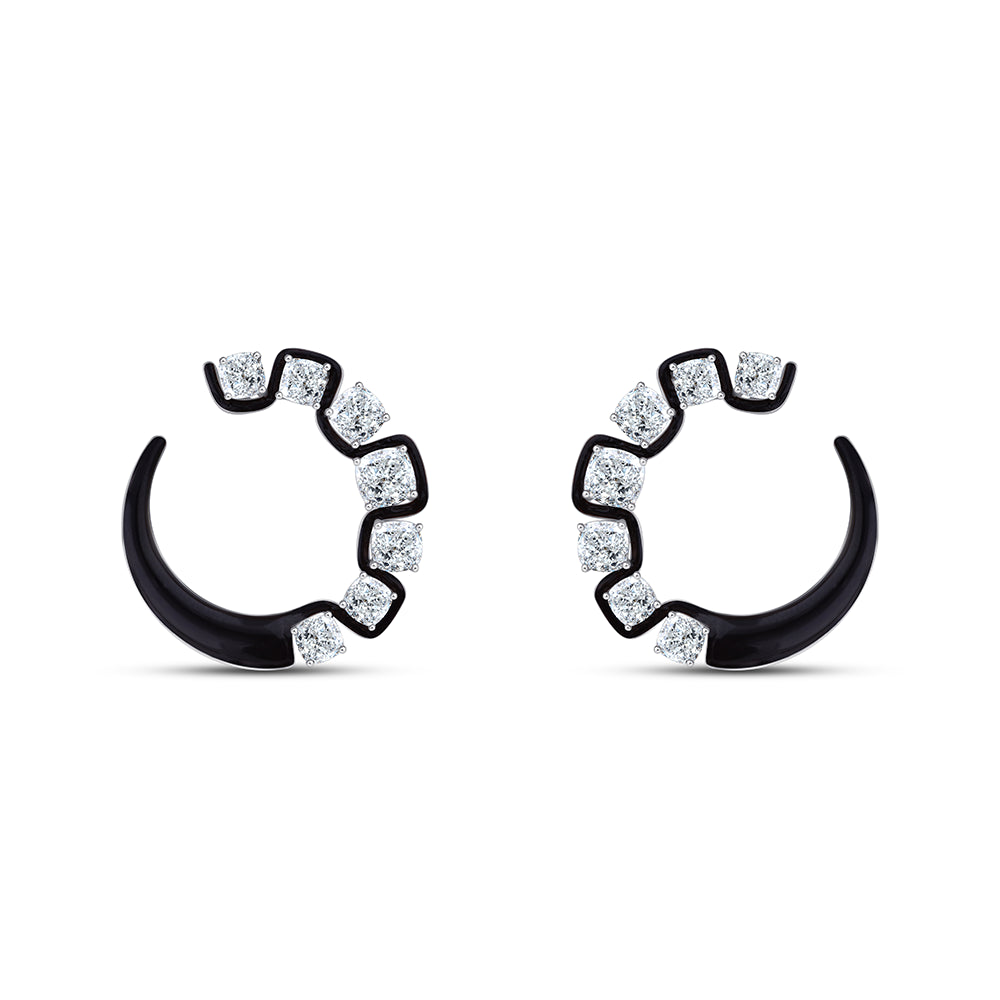 Cushion Cut Black Enamel Open Circle Stud Earrings