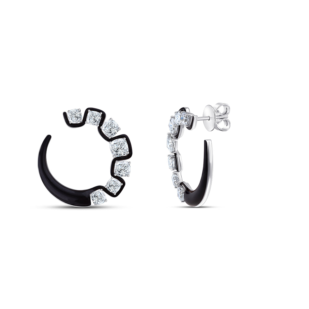 Cushion Cut Black Enamel Open Circle Stud Earrings