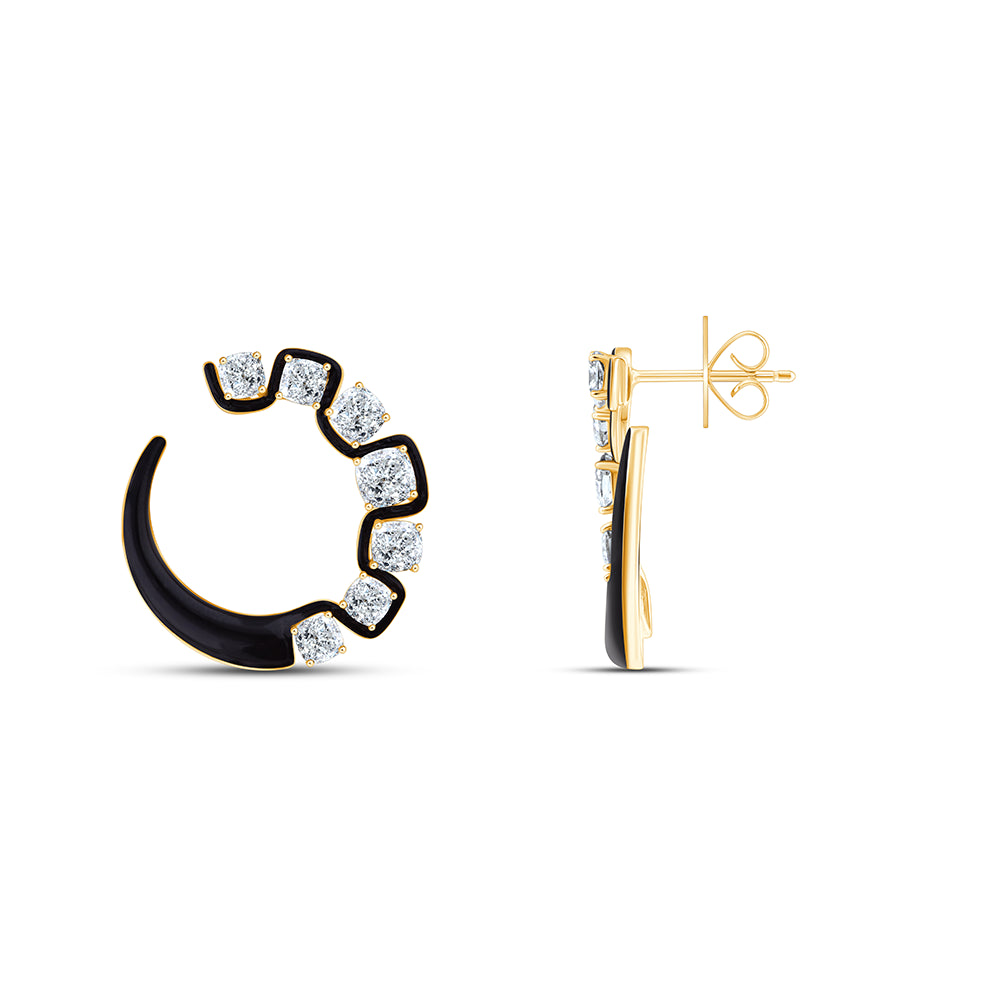 Cushion Cut Black Enamel Open Circle Stud Earrings