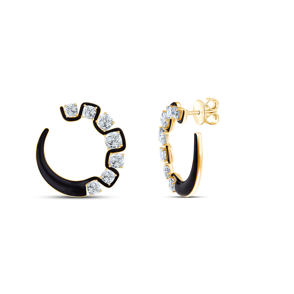 Cushion Cut Black Enamel Open Circle Stud Earrings