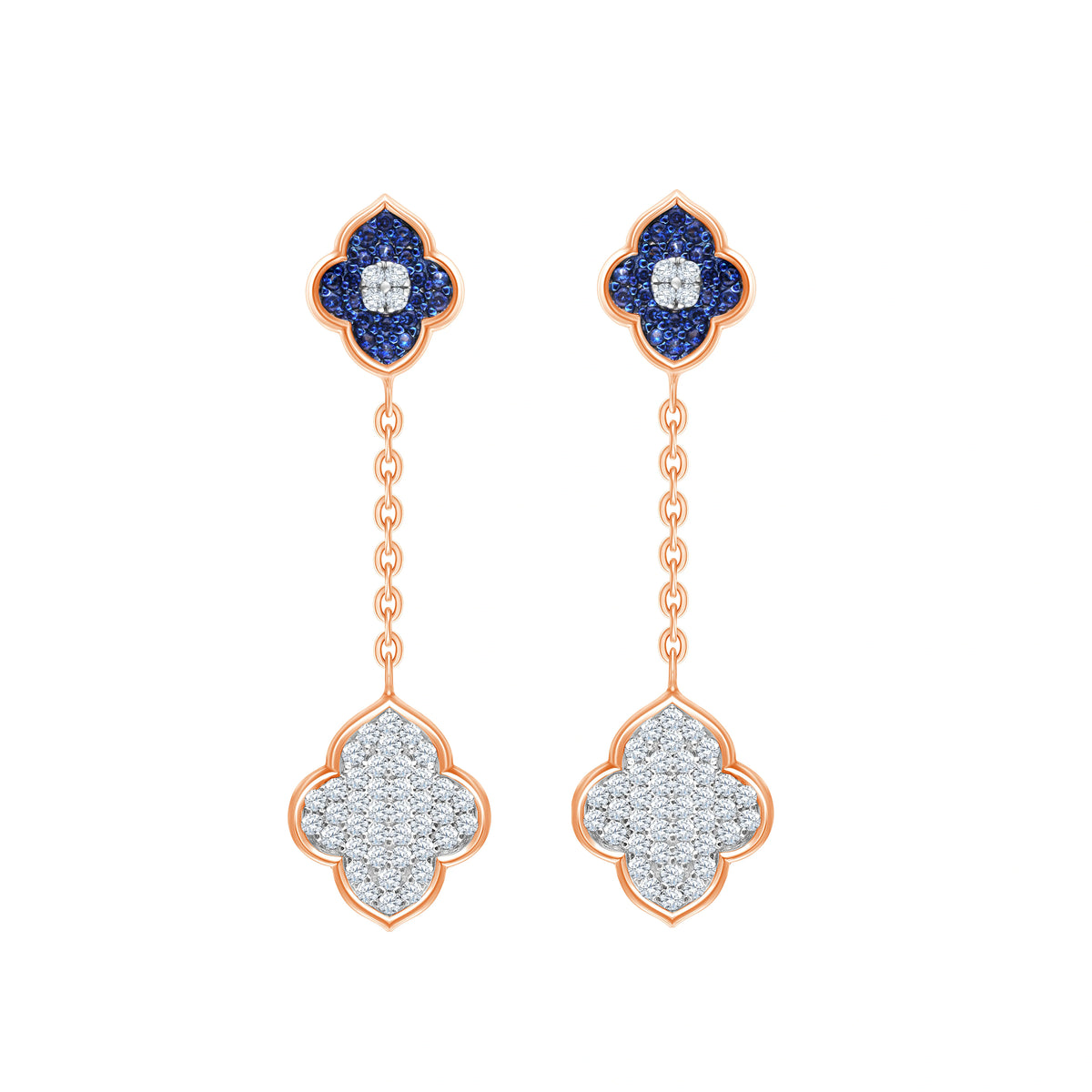 Blue Stone Clover Chain Drop Earrings