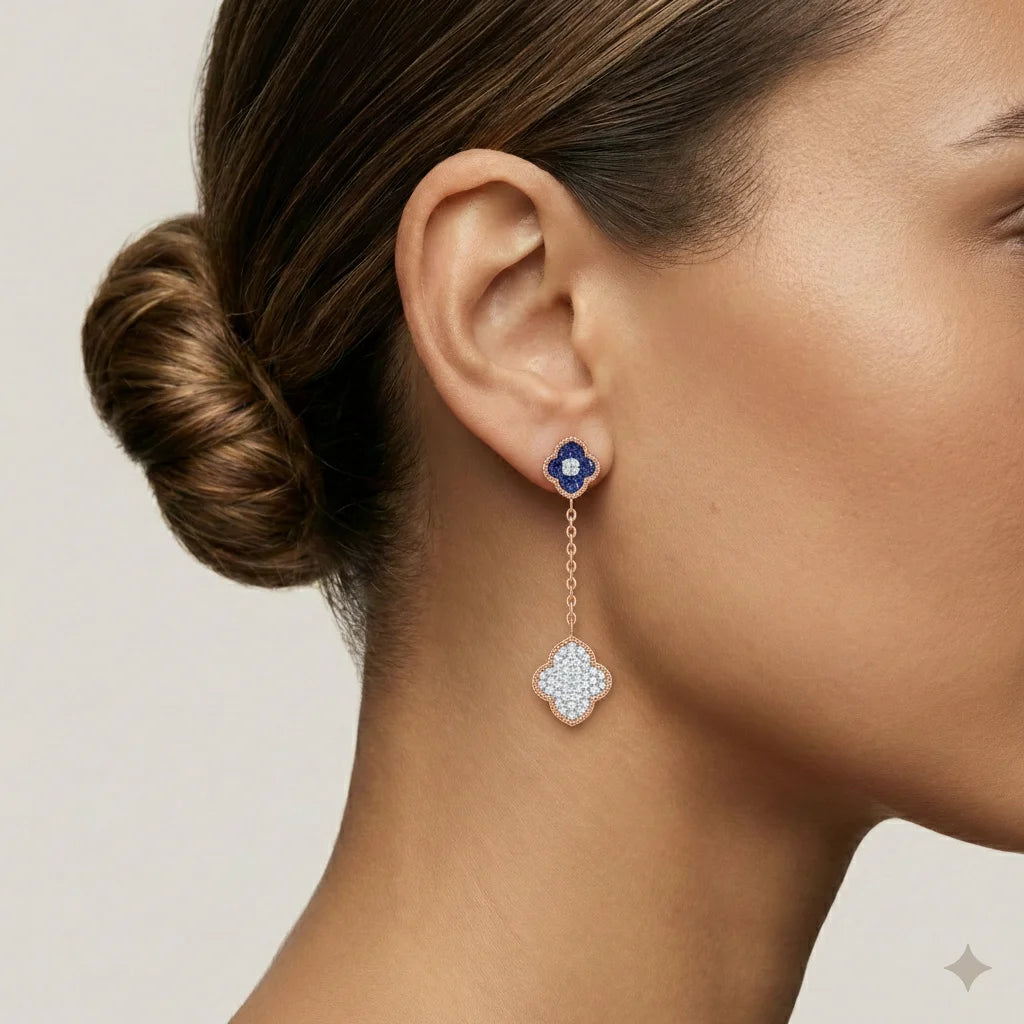 Blue Stone Clover Chain Drop Earrings