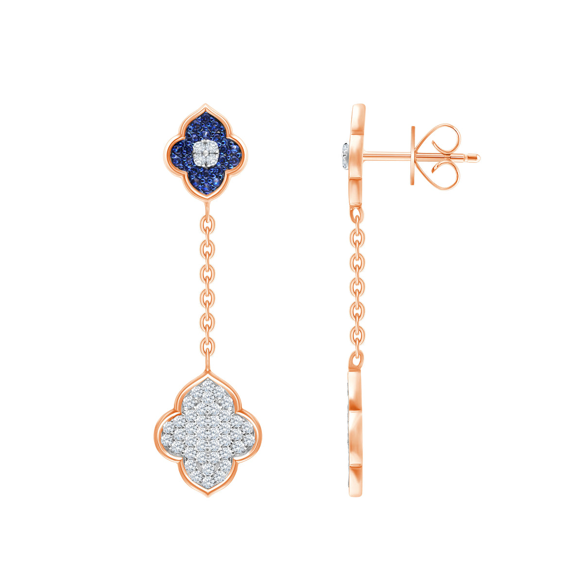 Blue Stone Clover Chain Drop Earrings
