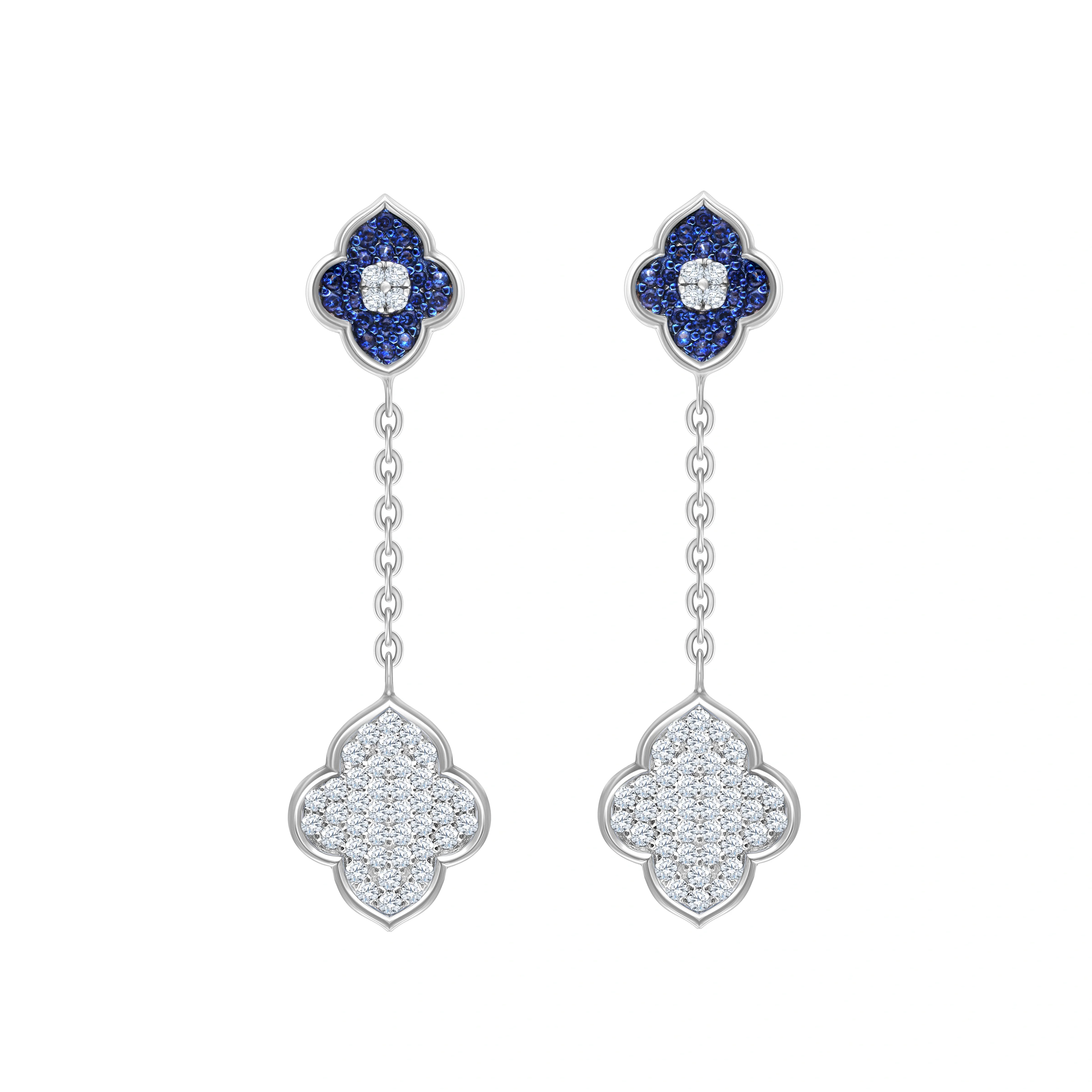 Blue Stone Clover Chain Drop Earrings