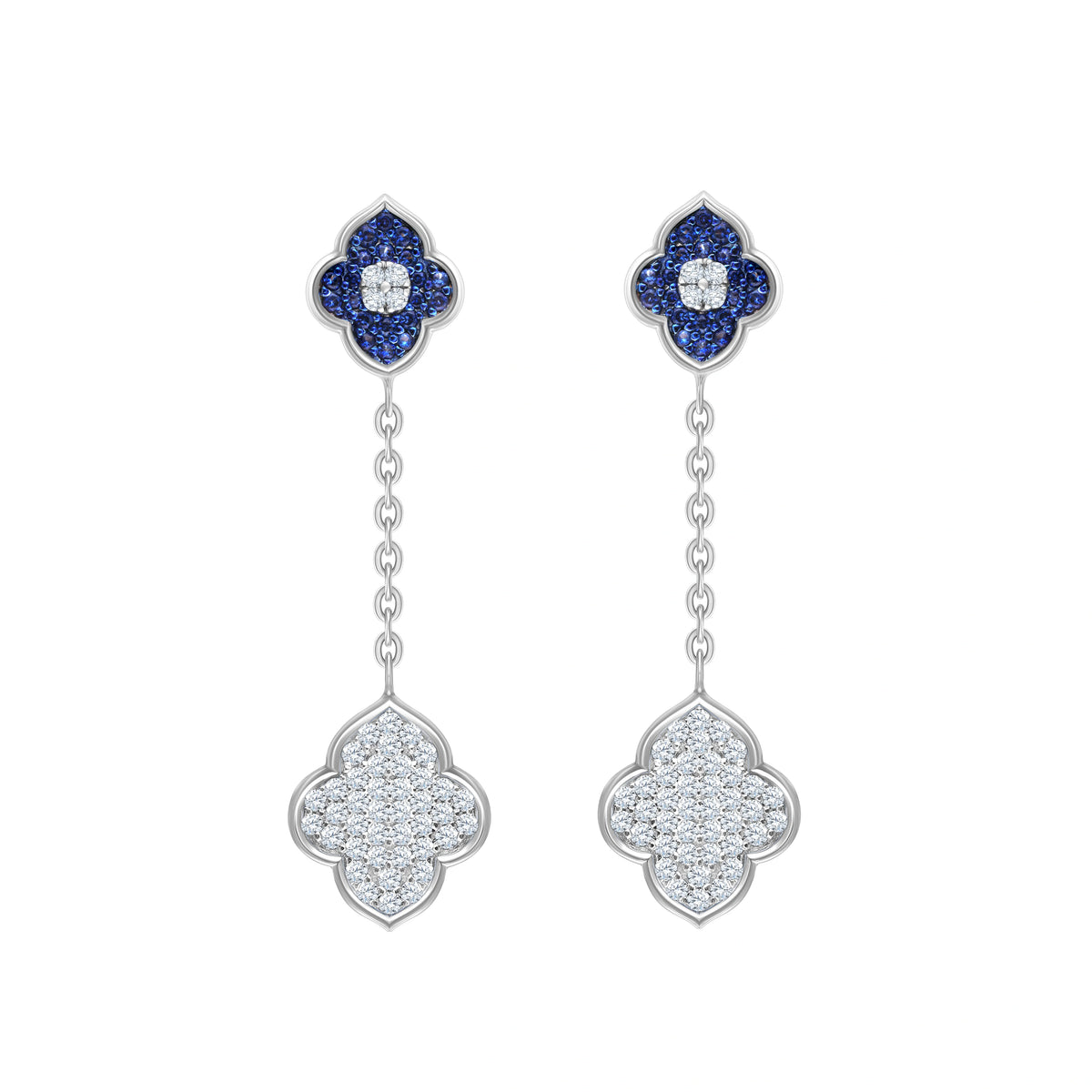 Blue Stone Clover Chain Drop Earrings
