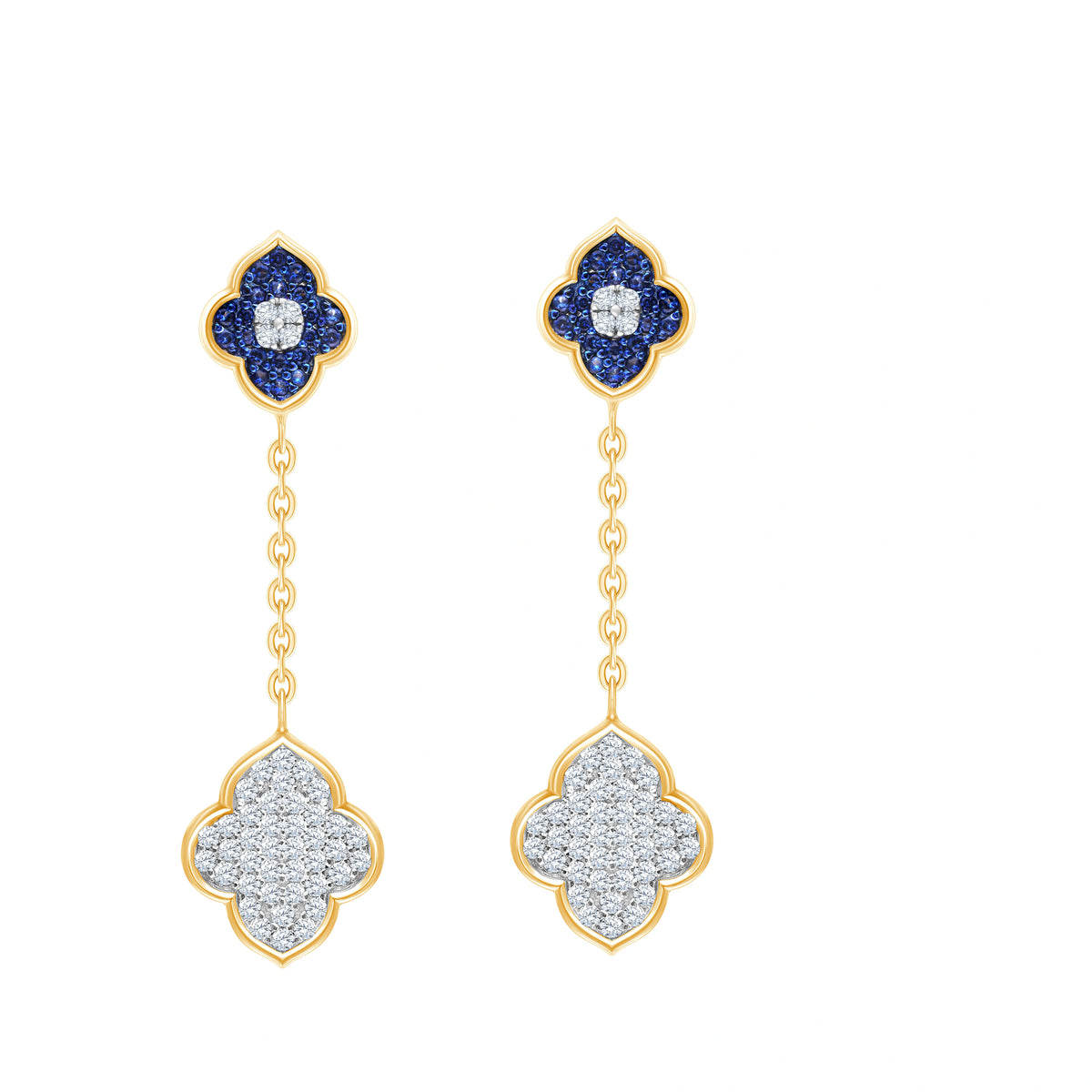 Blue Stone Clover Chain Drop Earrings