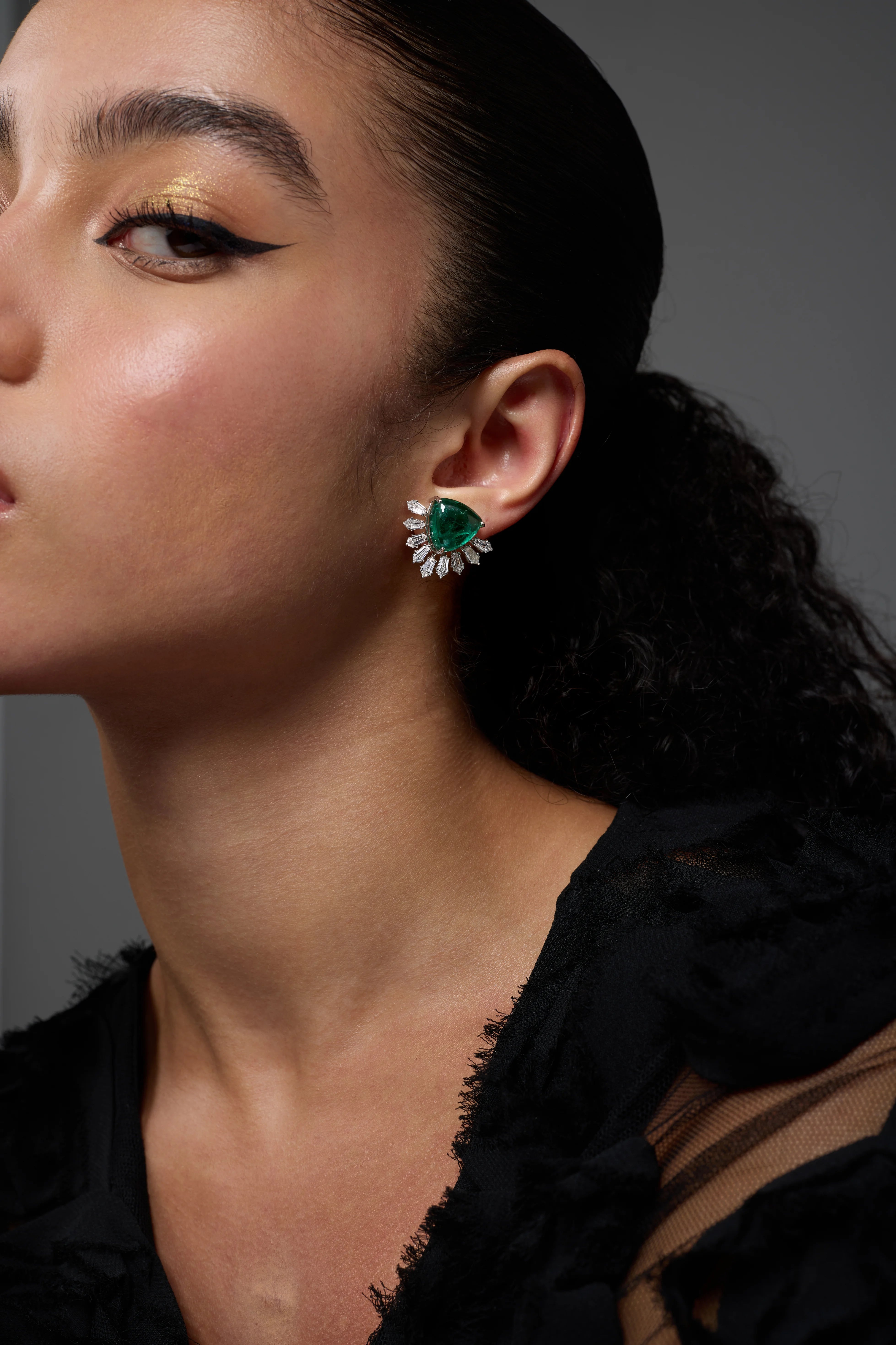Trillion Emerald Burst Stud Earrings