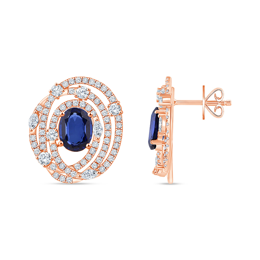 Oval Cut Blue Stone Spiral Halo Stud Earrings