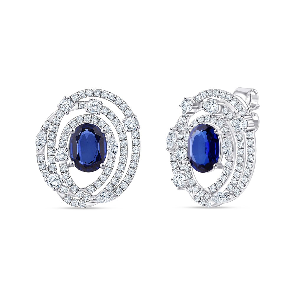 Oval Cut Blue Stone Spiral Halo Stud Earrings