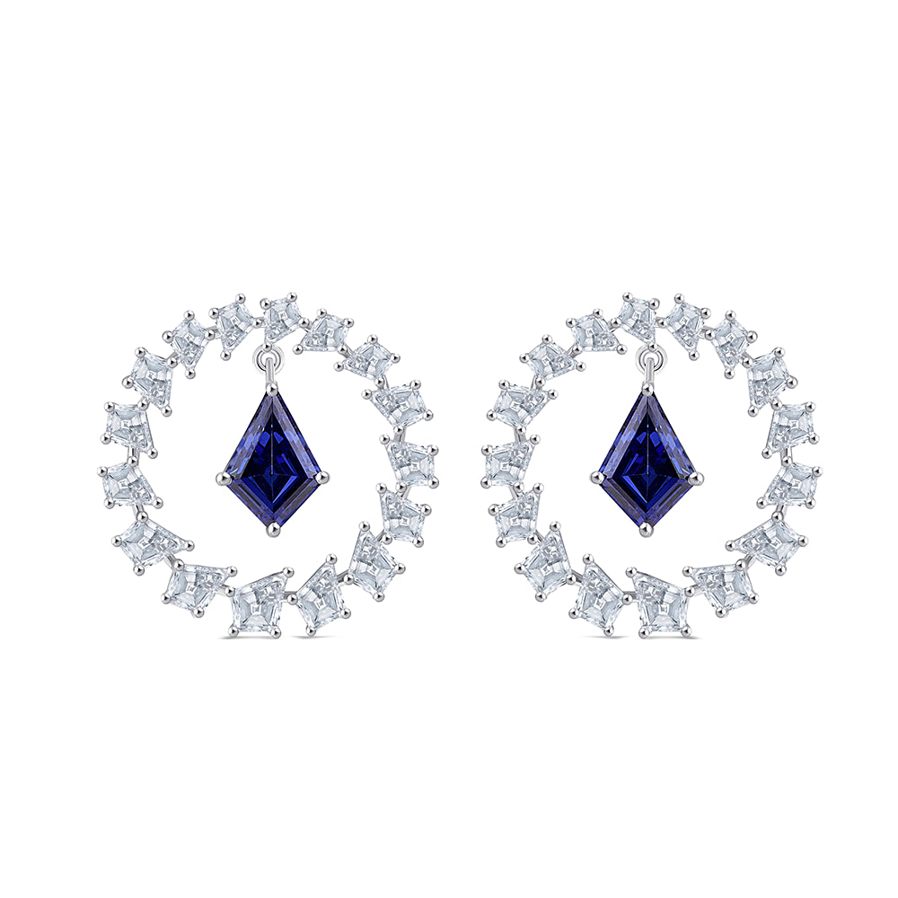 Kite Cut Sapphire Halo Hoop Earrings