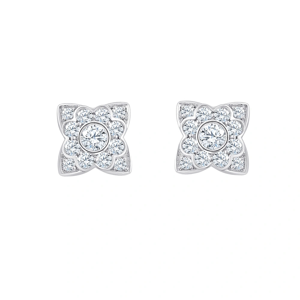 Brilliant Cut Floral Square Stud Earrings