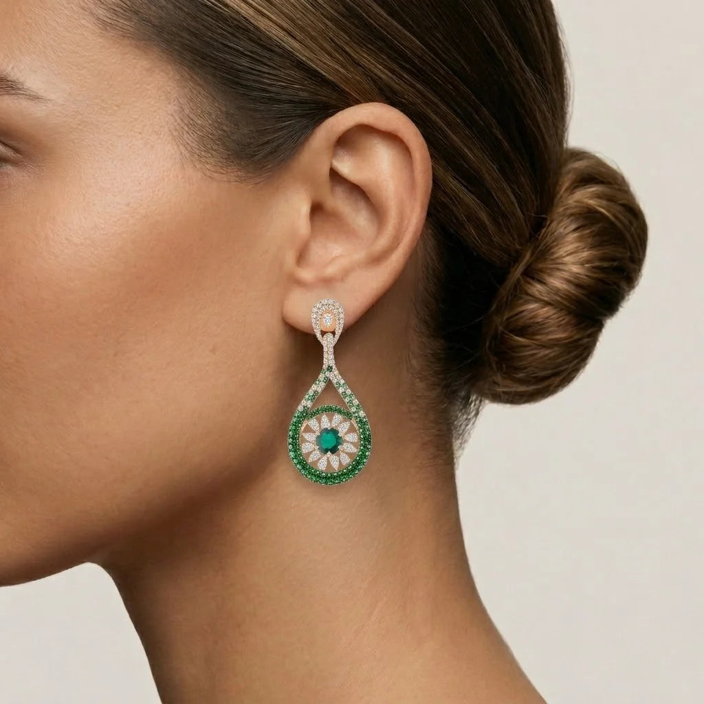 Pear Brilliant Cut Green Stone Halo Drop Earrings