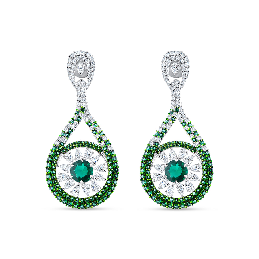 Pear Brilliant Cut Green Stone Halo Drop Earrings