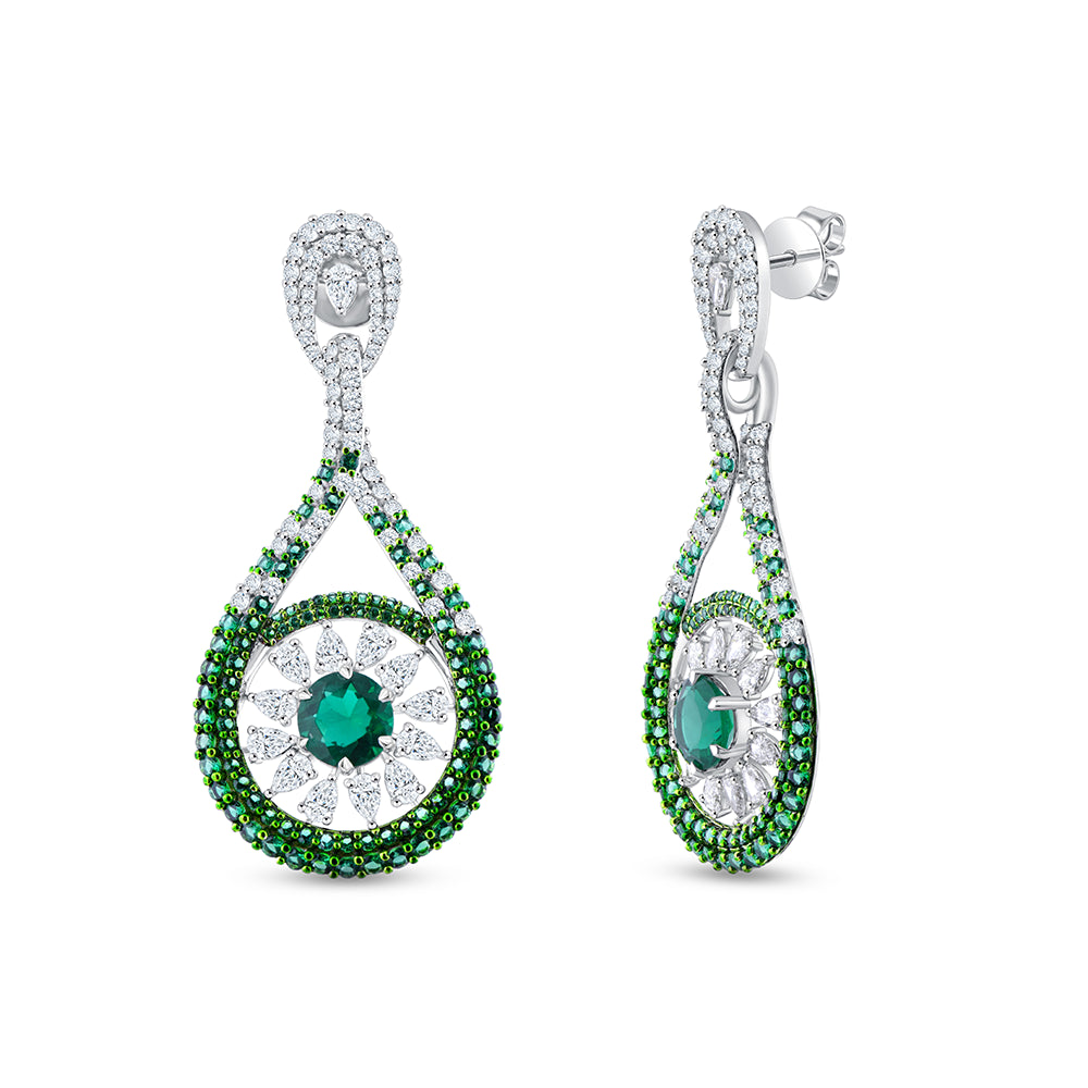 Pear Brilliant Cut Green Stone Halo Drop Earrings