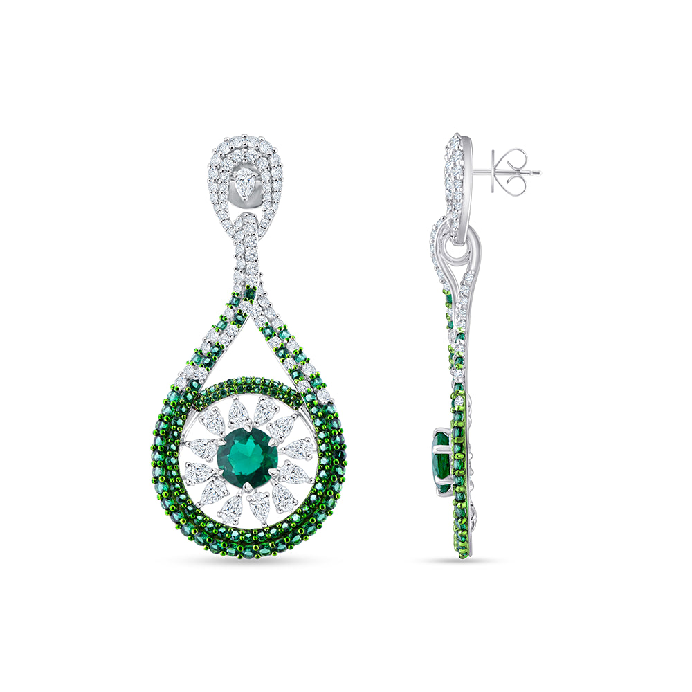 Pear Brilliant Cut Green Stone Halo Drop Earrings