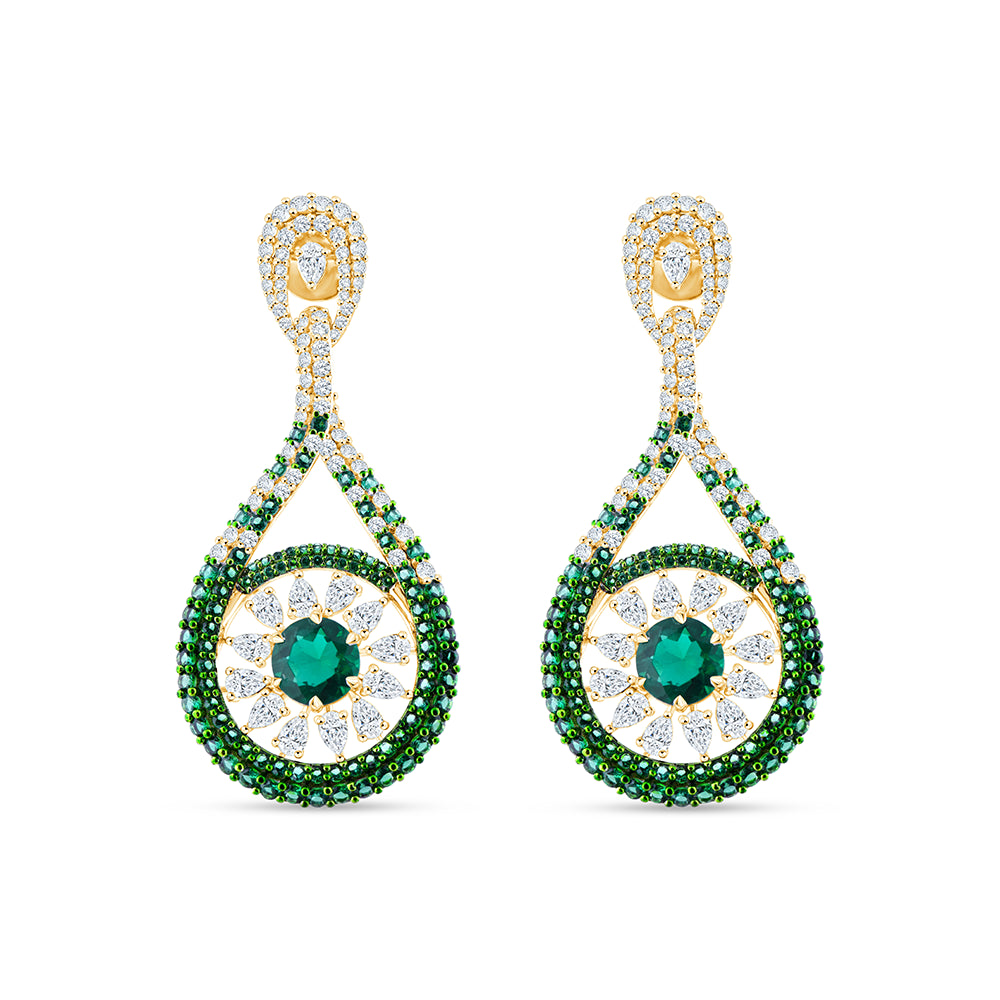 Pear Brilliant Cut Green Stone Halo Drop Earrings