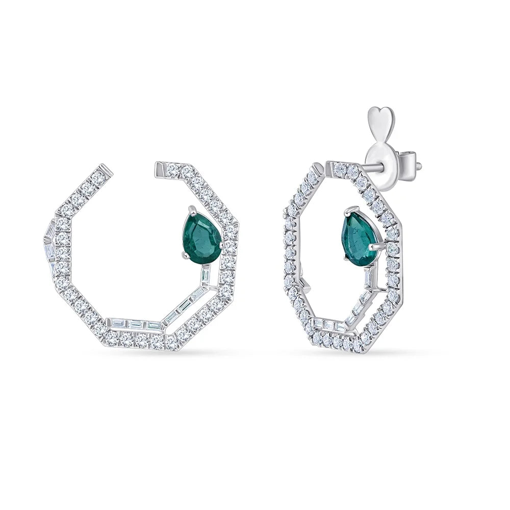Emerald Pear Brilliant Cut Open Circle Green Gemstone Stud Earrings