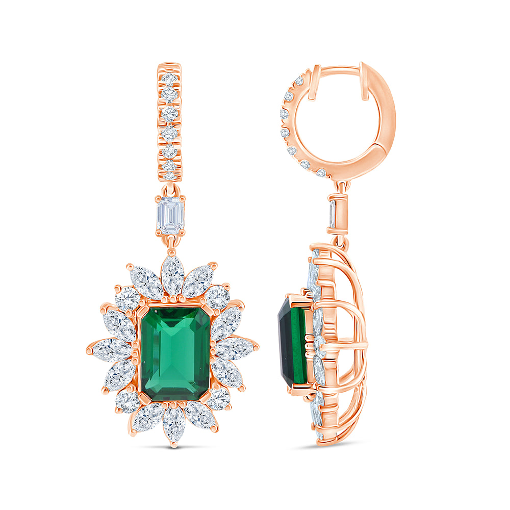 Emerald Cut Green Gemstone Halo Hoop Earrings