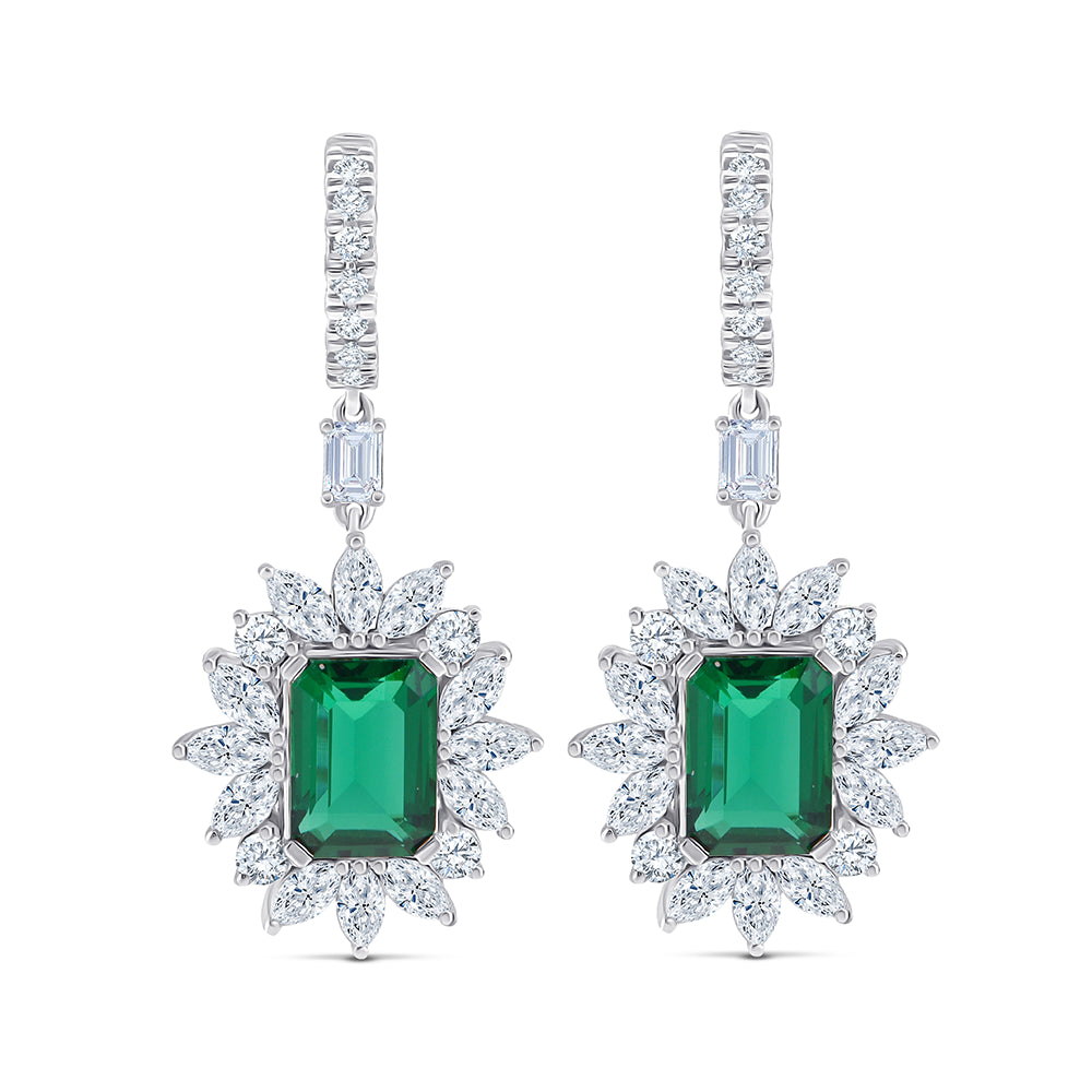 Emerald Cut Green Gemstone Halo Hoop Earrings