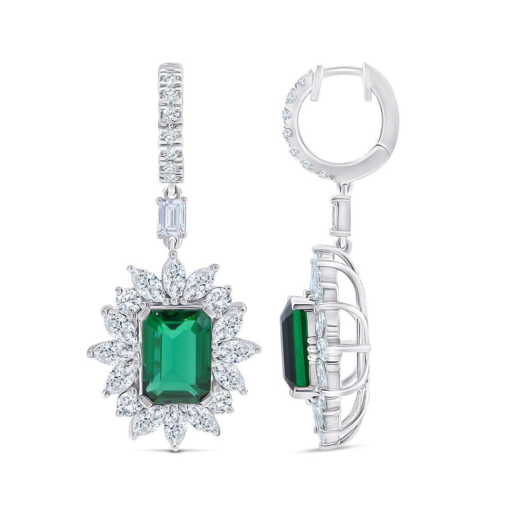 Emerald Cut Green Gemstone Halo Hoop Earrings