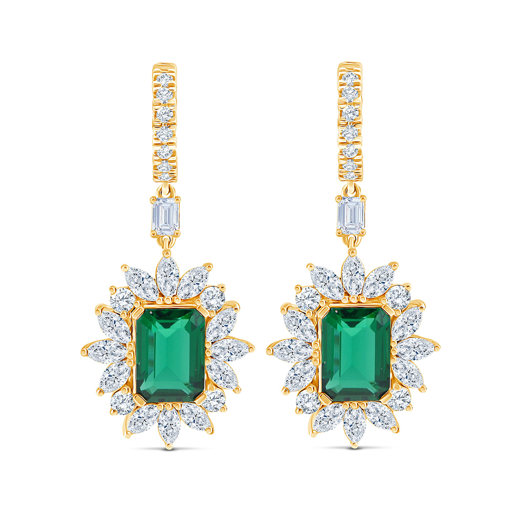 Emerald Cut Green Gemstone Halo Hoop Earrings
