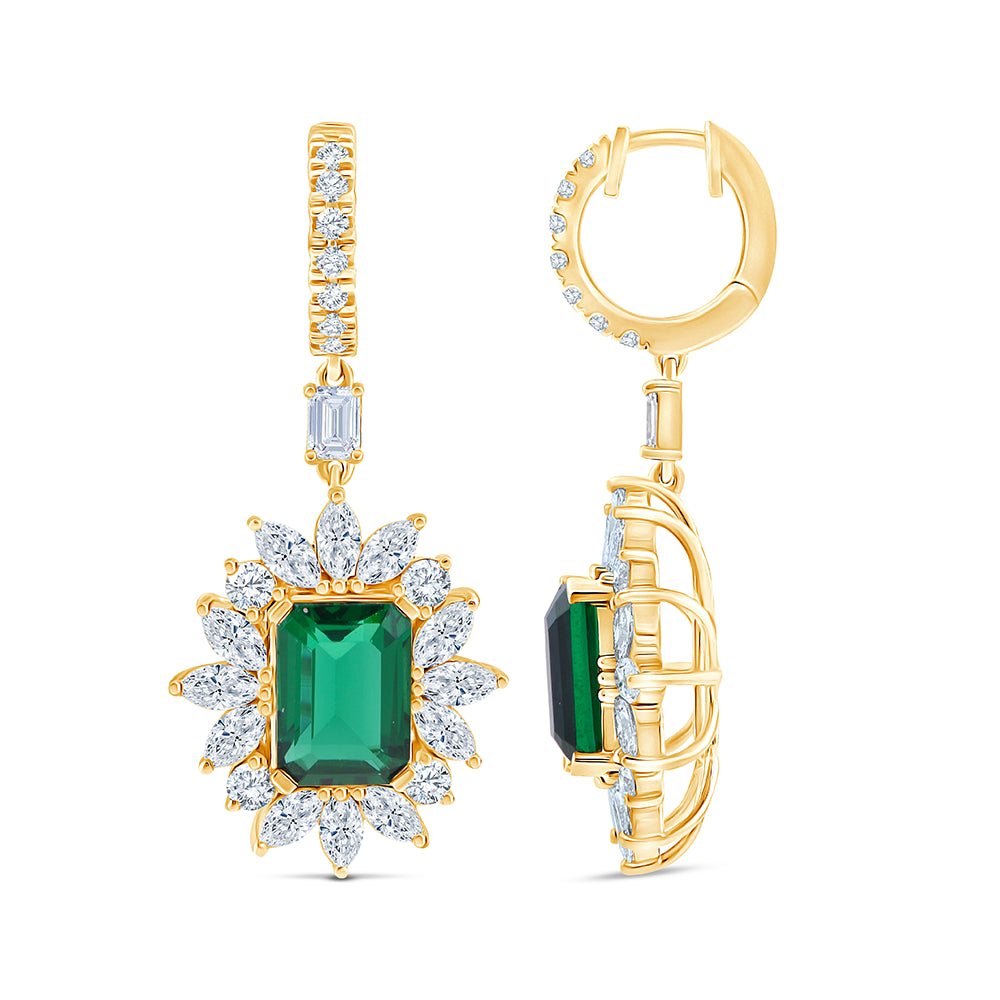 Emerald Cut Green Gemstone Halo Hoop Earrings