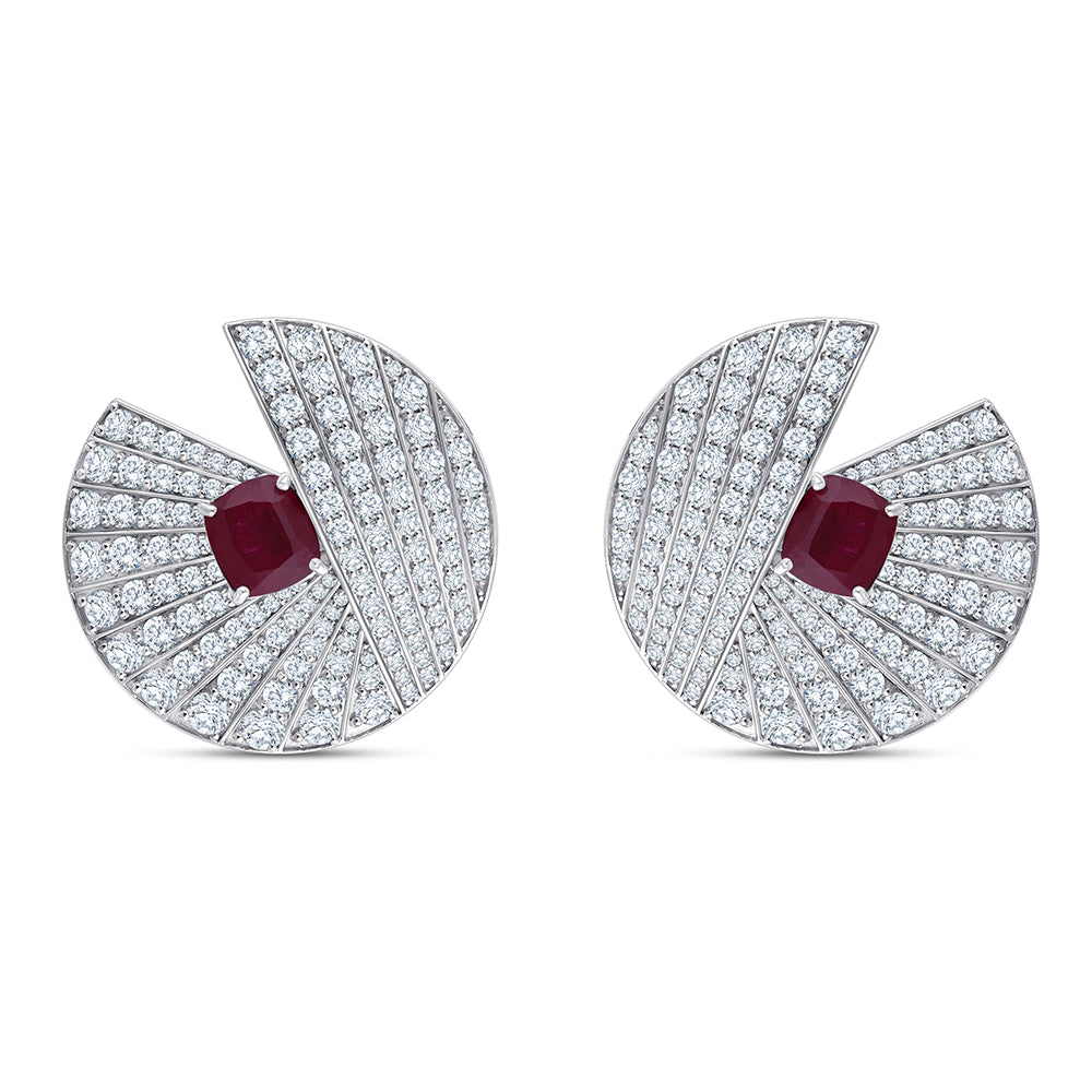 Cushion Cut Red Gemstone Fan Stud Earrings