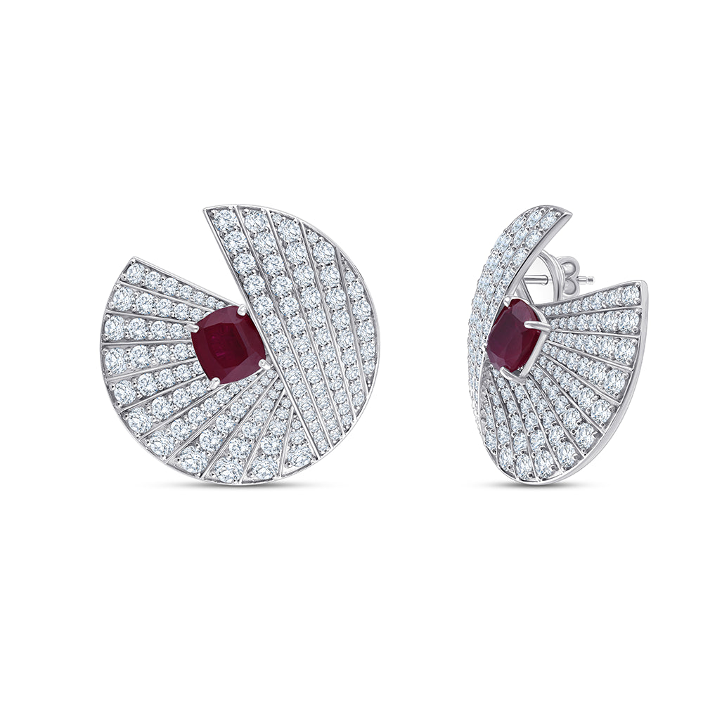 Cushion Cut Red Gemstone Fan Stud Earrings