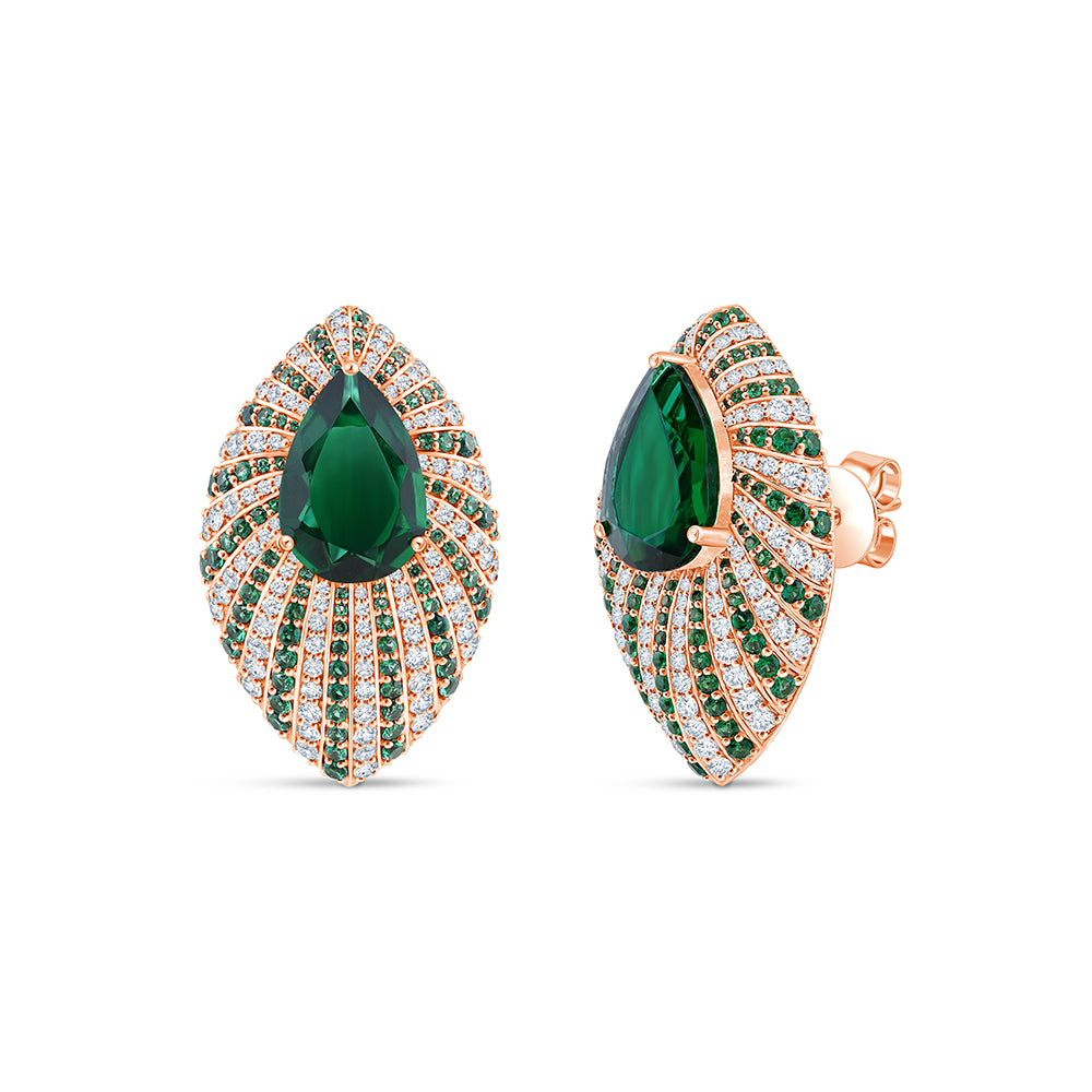 Pear Cut Green Gemstone Marquise Motif Stud Earrings