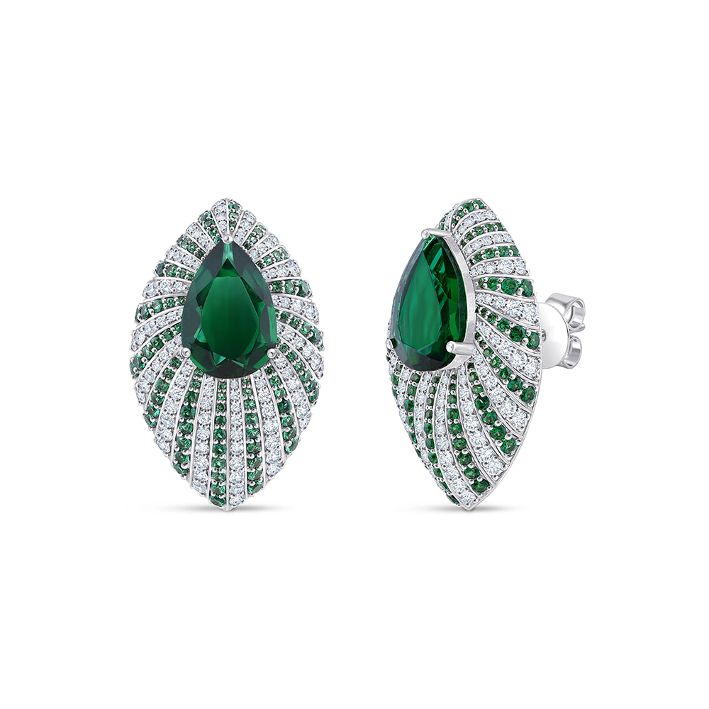 Pear Cut Green Gemstone Marquise Motif Stud Earrings