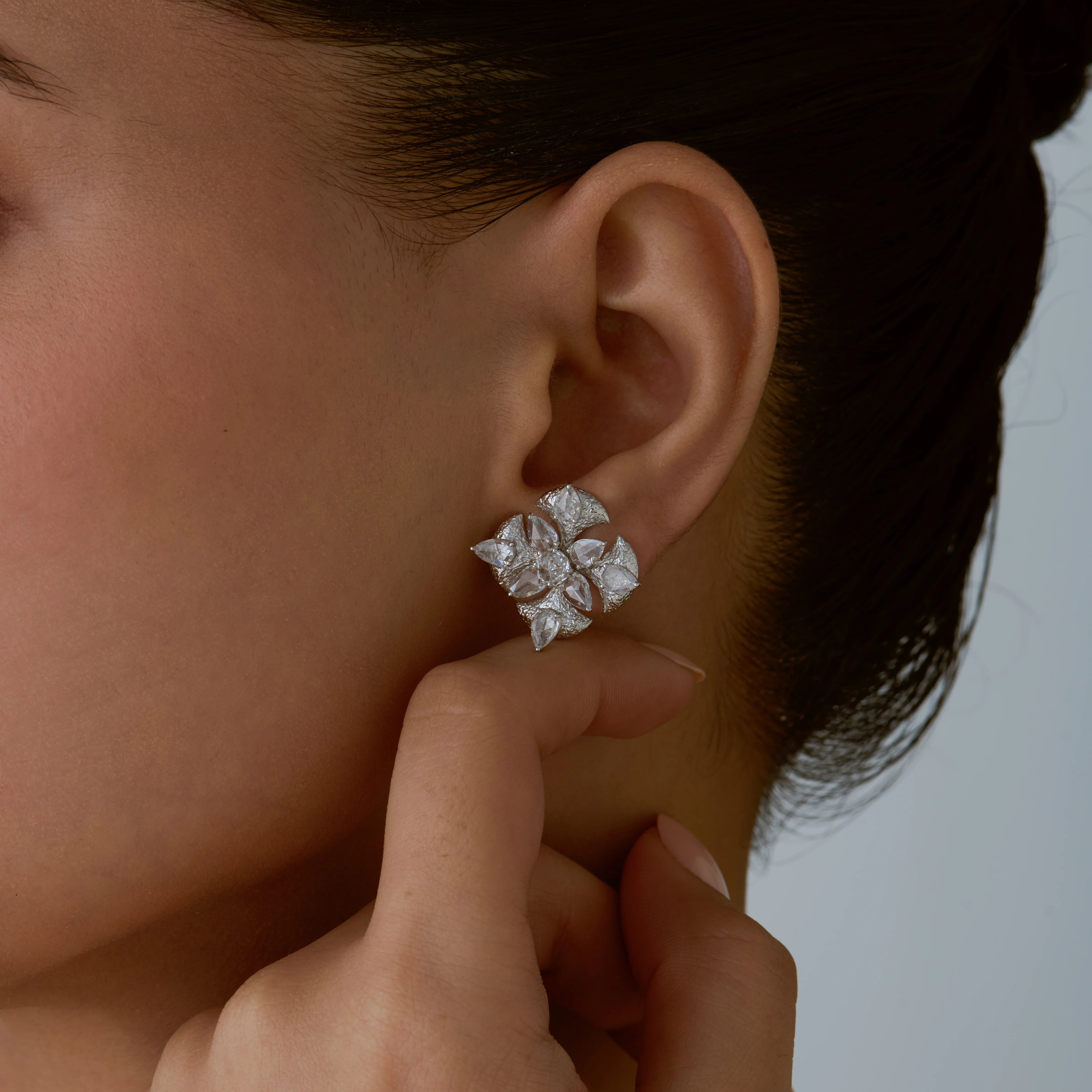 Rose Cut Pear Floral Textured Gold Stud Earrings