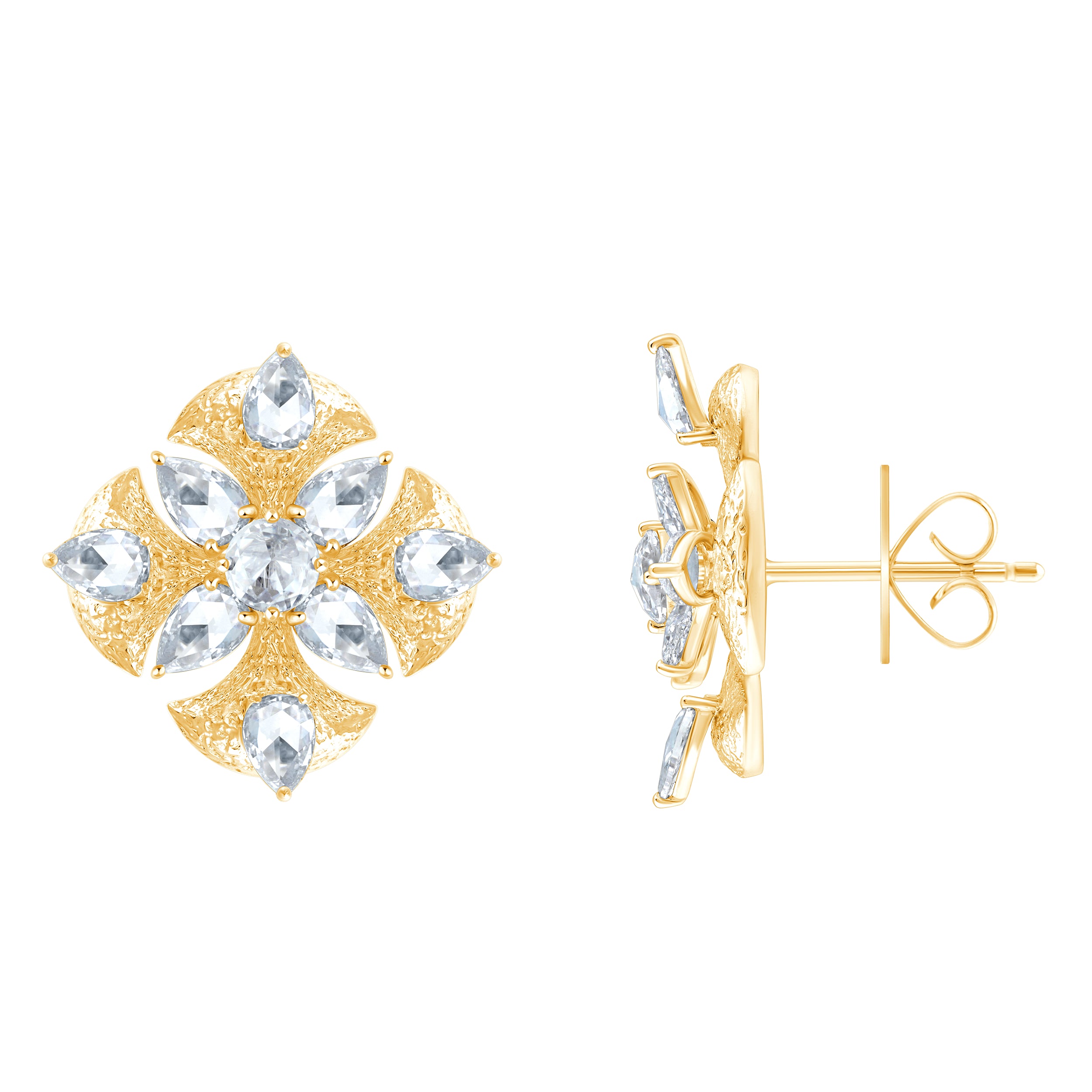 Rose Cut Pear Floral Textured Gold Stud Earrings