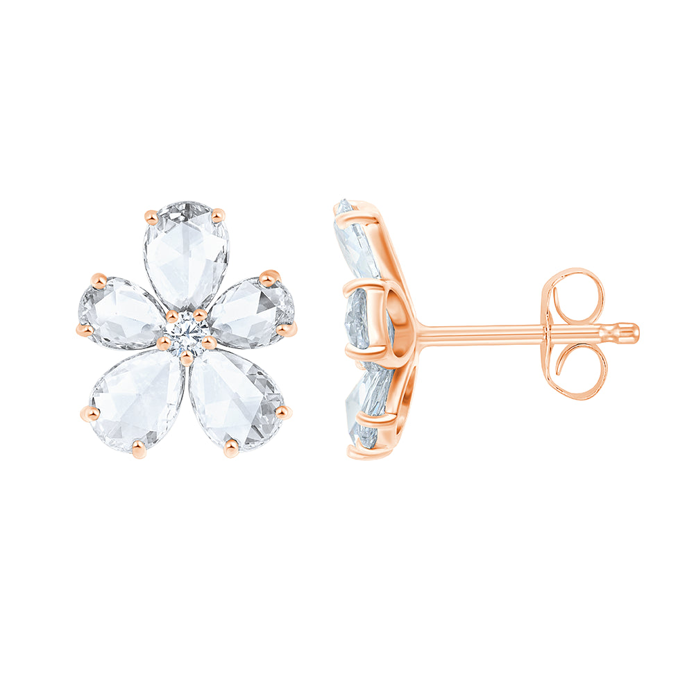 Rose Cut Pear Brilliant Cut Floral Stud Earrings