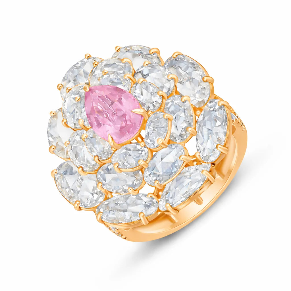 Pear Cut Pink Colorstone Floral Statement Ring