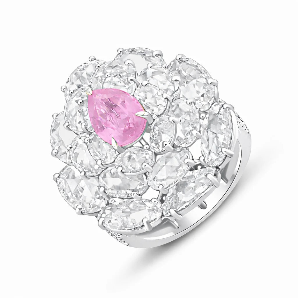 Pear Cut Pink Colorstone Floral Statement Ring