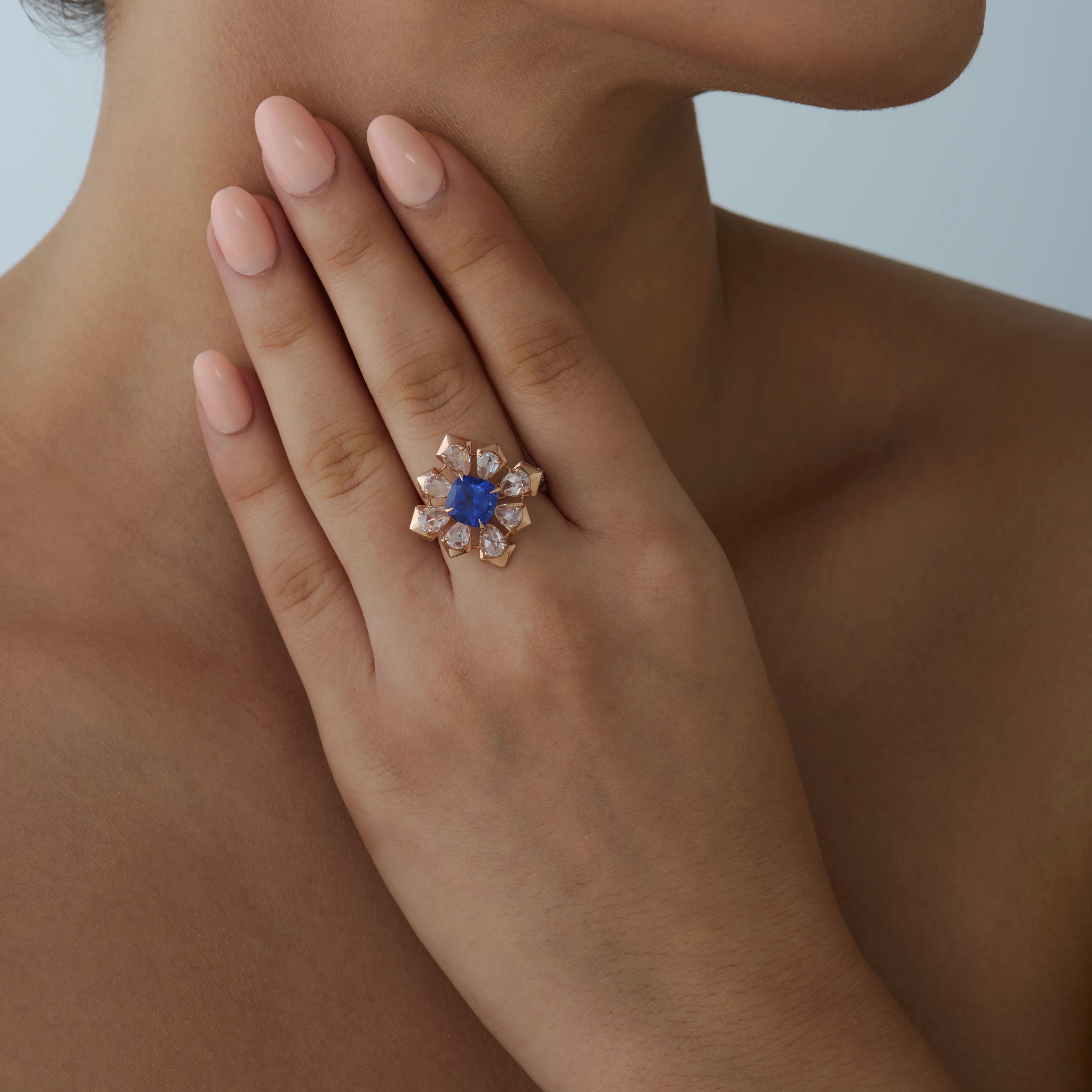 Cushion Cut Blue Colorstone Floral Ring