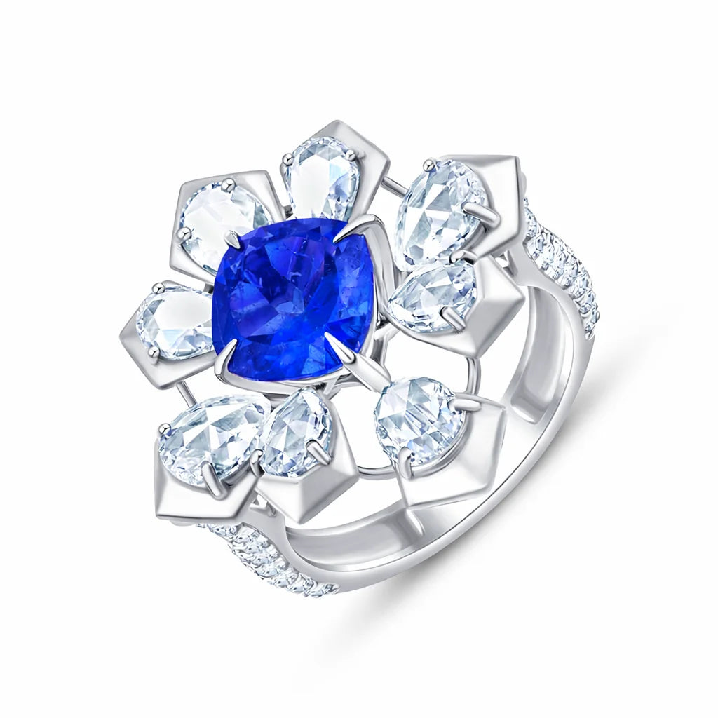 Cushion Cut Blue Colorstone Floral Ring