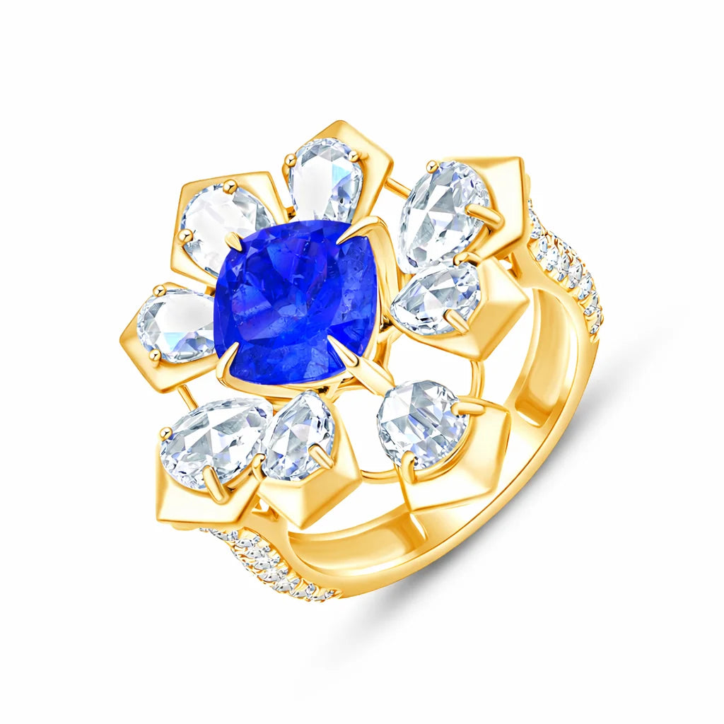 Cushion Cut Blue Colorstone Floral Ring