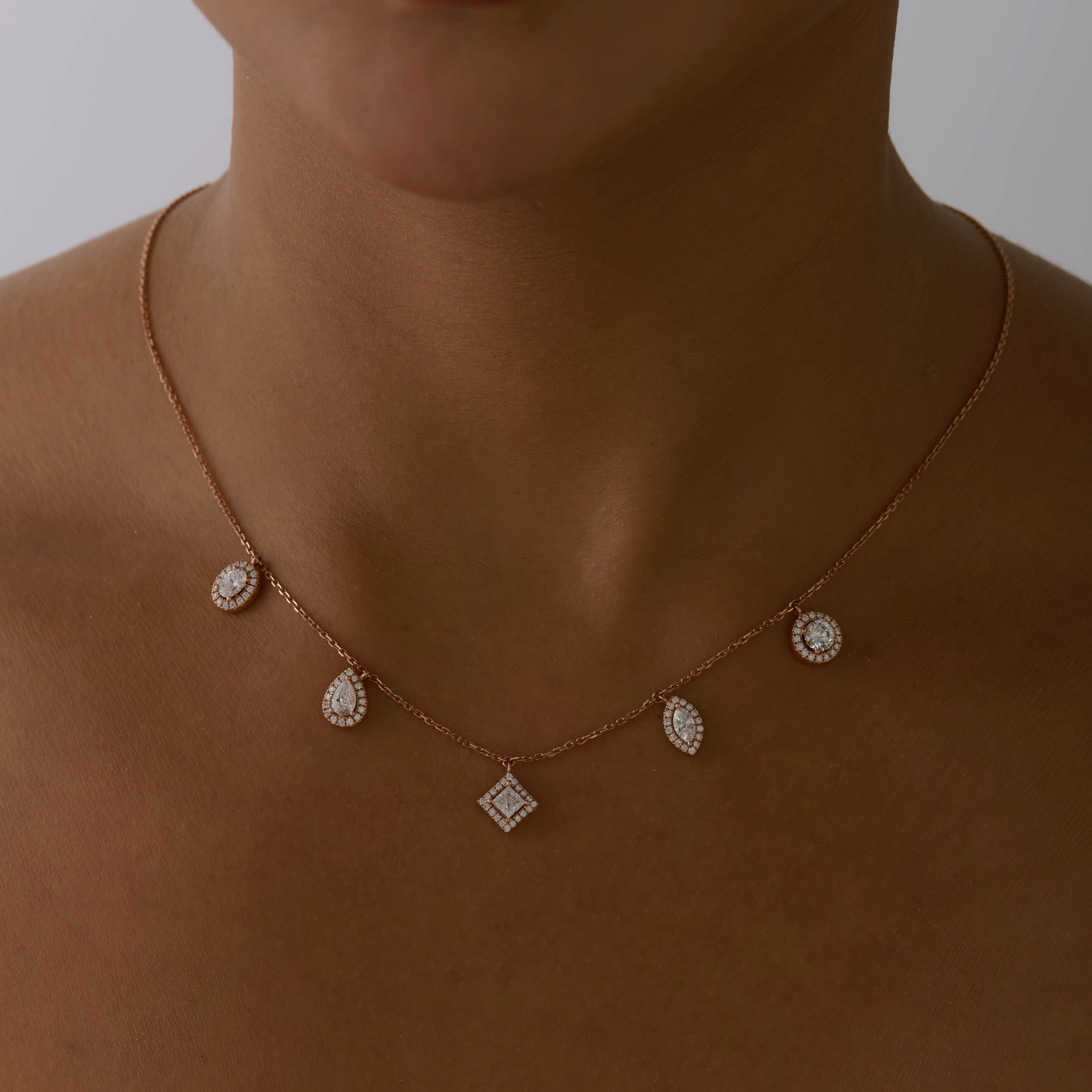 Mixed Cut halo Station Necklace