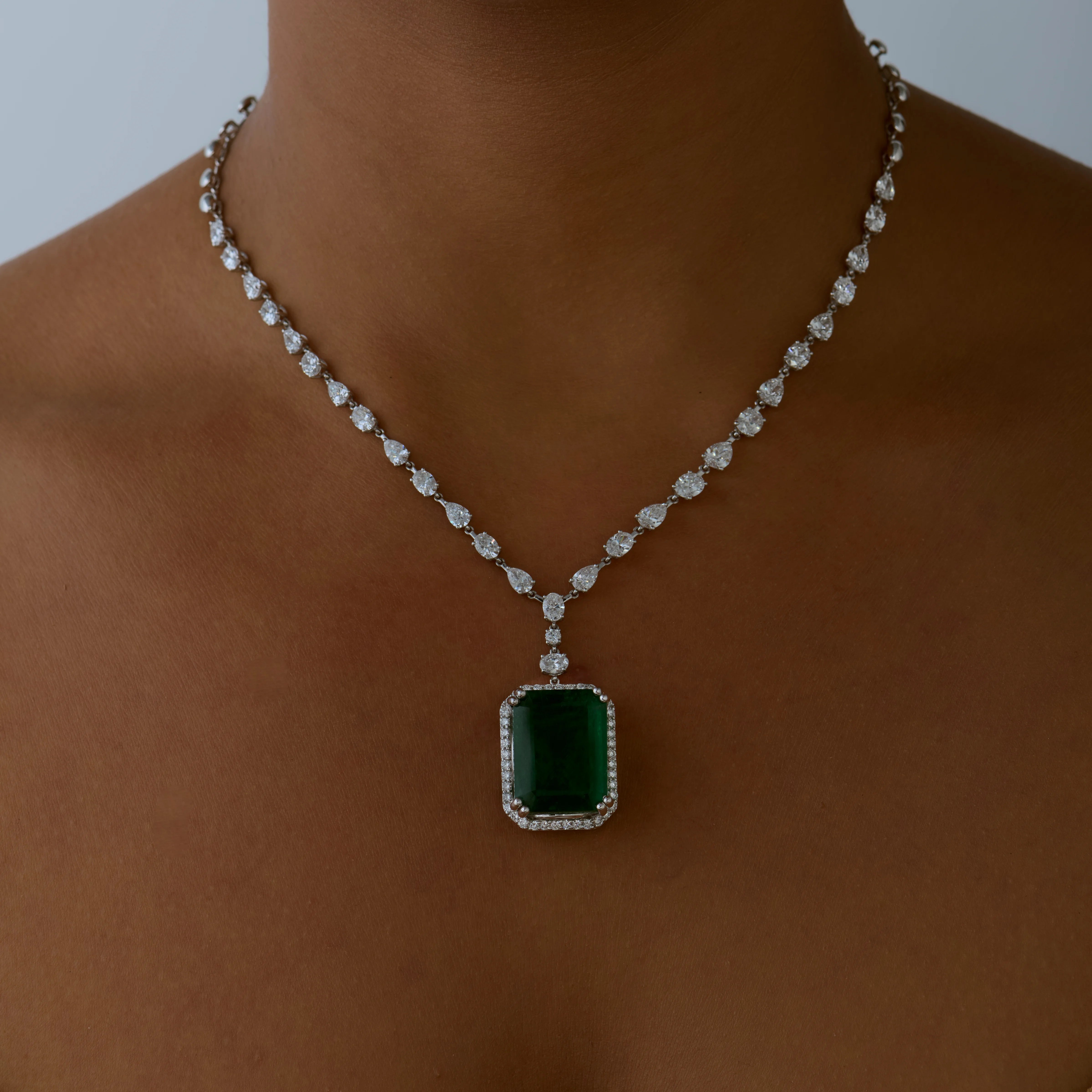 SemiPrecious Emerald Diamond Halo Drop Necklace