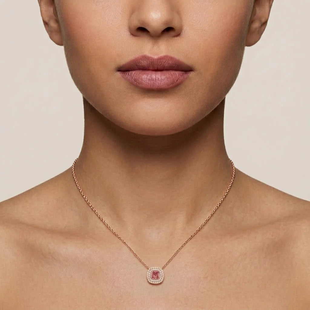 Cushion Cut Pink Diamond Double Halo Pendant