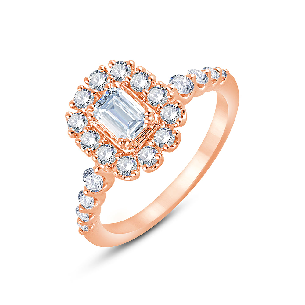 Emerald Cut Halo Diamond Accent Solitaire Engagement Ring