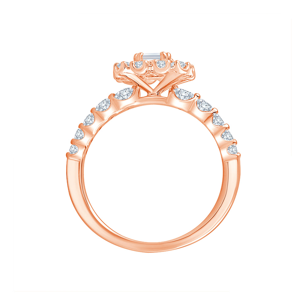 Emerald Cut Halo Diamond Accent Solitaire Engagement Ring