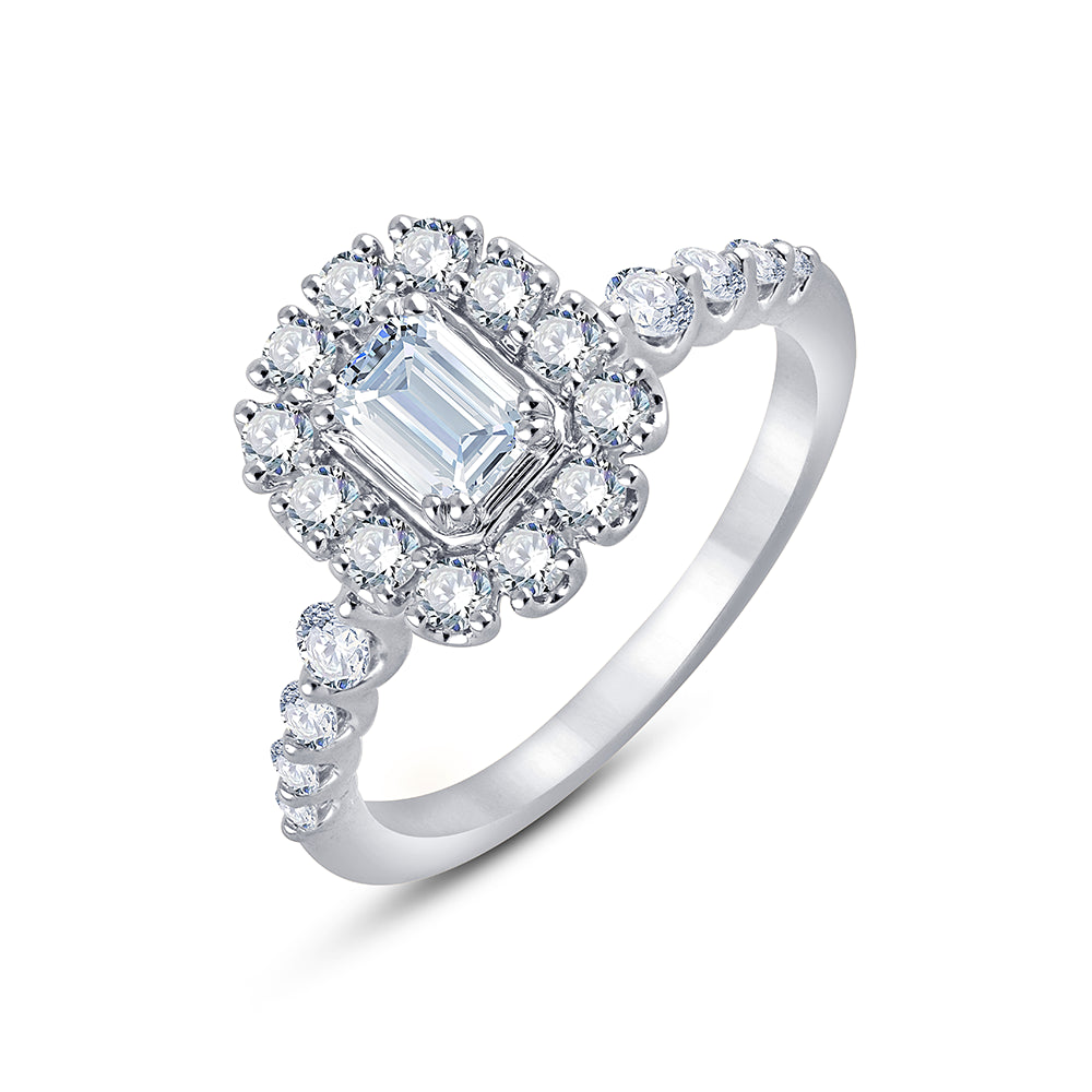 Emerald Cut Halo Diamond Accent Solitaire Engagement Ring